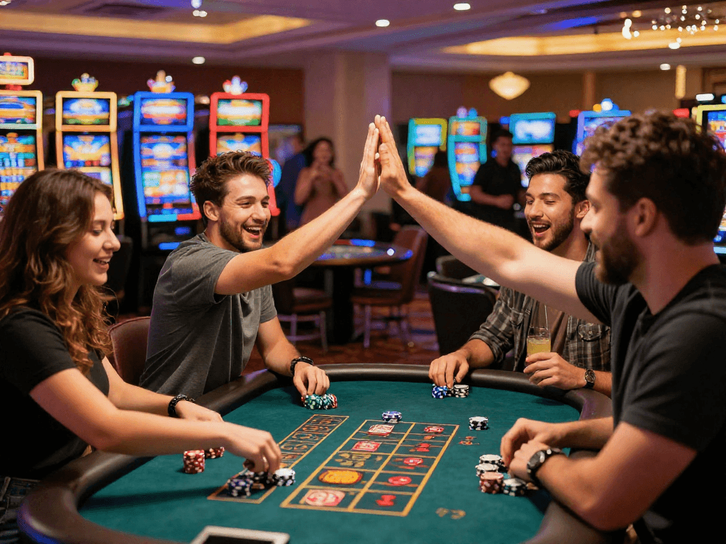 Giocatori al tavolo di un casino non AAMS, emozione e vincite nel clima vivace