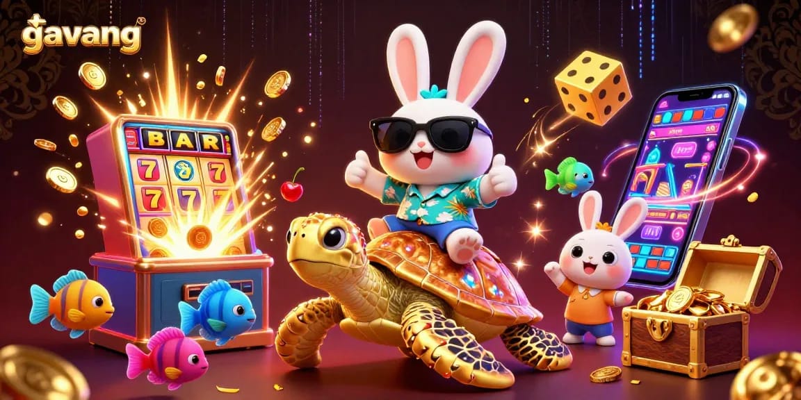 Experience fun with gavang in a vibrant casino scene featuring a lucky rabbit and golden turtle.