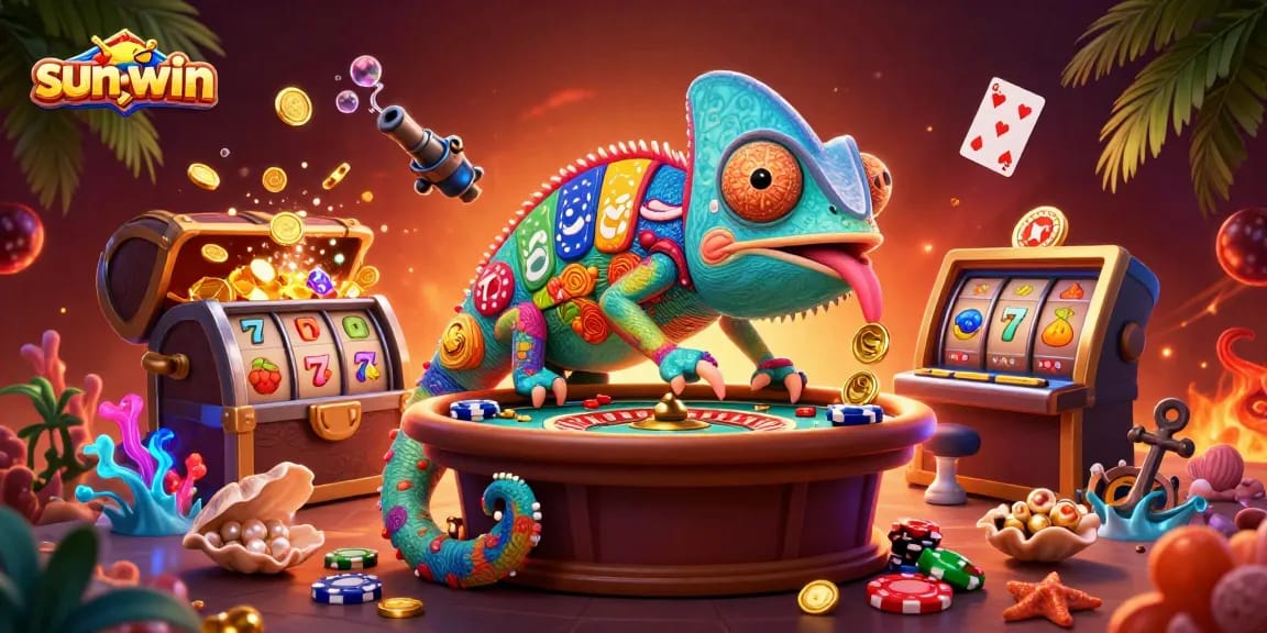 Experience winning thrills with sun-win's vibrant 3D chameleon casino illustration showcasing dynamic gameplay.