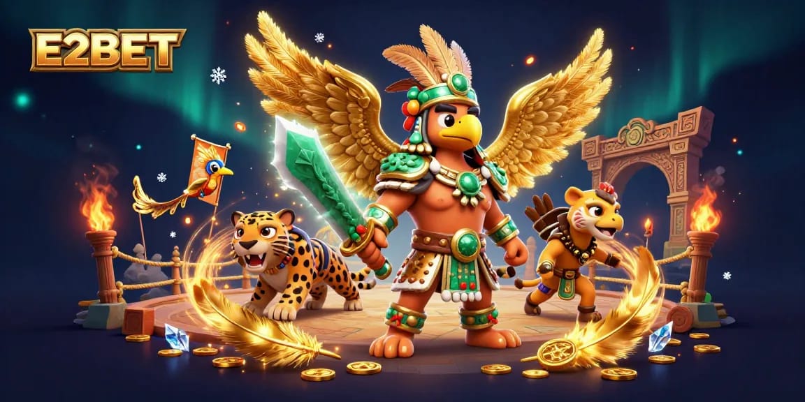 E2BET showcases an Aztec-themed online casino with vibrant warriors and dynamic gaming elements.