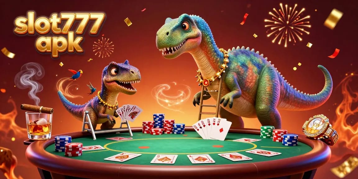 Experience the thrill of slot777 apk in this dynamic casino scene featuring a playful brontosaurus and clever raptor.