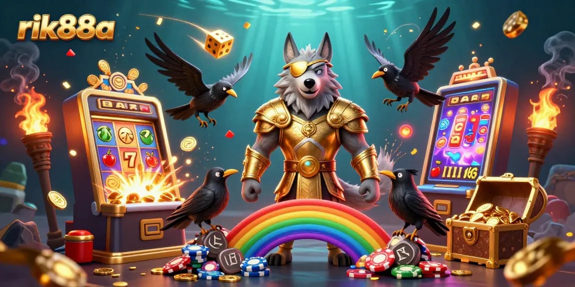 Win big with rik88a in this vibrant casino-themed illustration showcasing a Norse mythology wolf and high-stakes gaming elements.