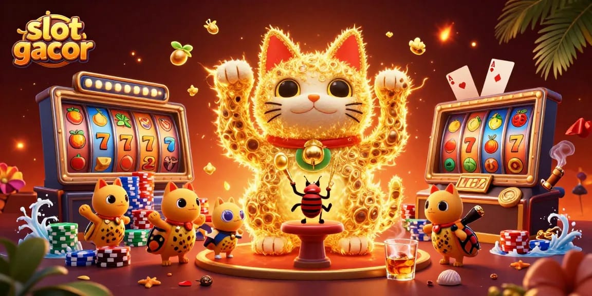 Engage with thrilling slot gacor experiences through a vibrant cat avatar dazzling with casino symbols.