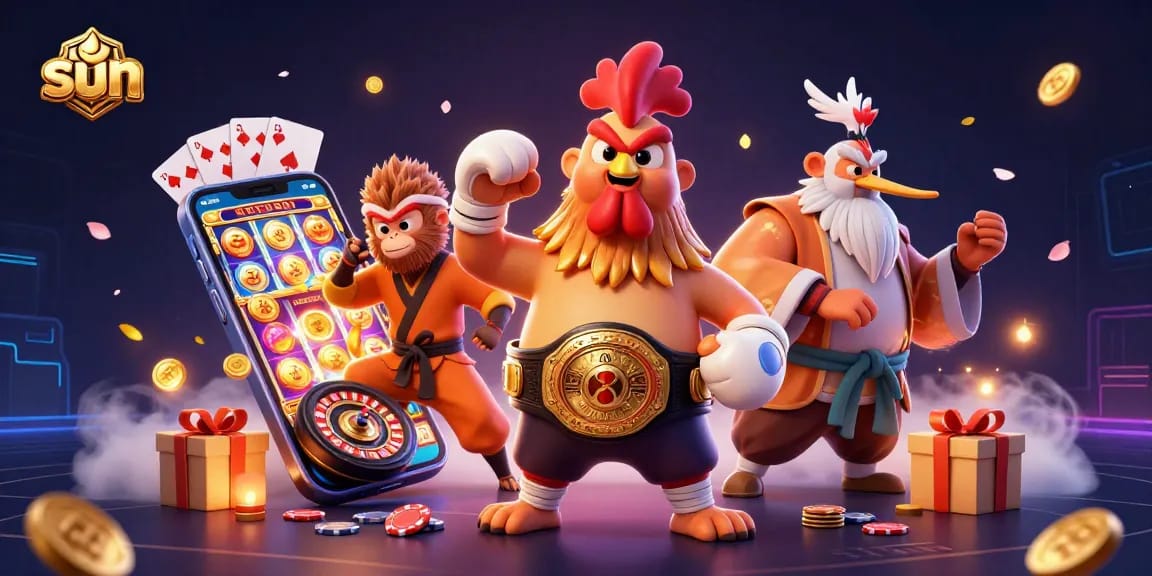 Engage with the thrilling casino action at Sun, showcasing vibrant characters and games.