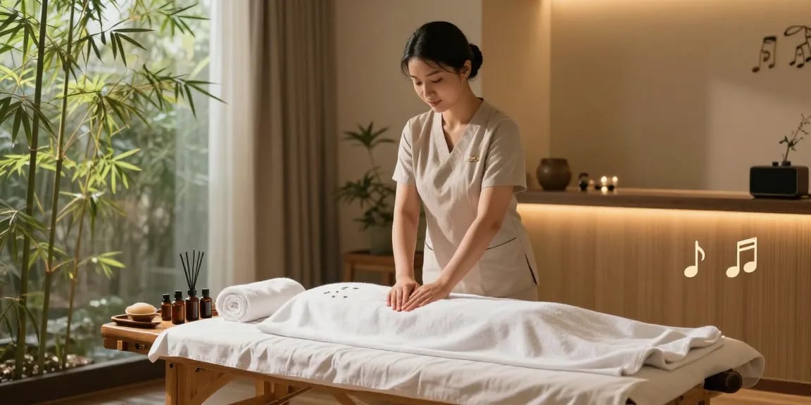 Explore 광명출장안마 with a soothing massage setup in a tranquil wellness center, highlighting calming ambiance and relaxation.