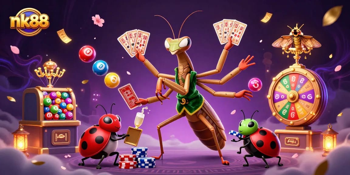 Experience thrilling gameplay at nk88 with a giant praying mantis dealer and vibrant lottery elements.