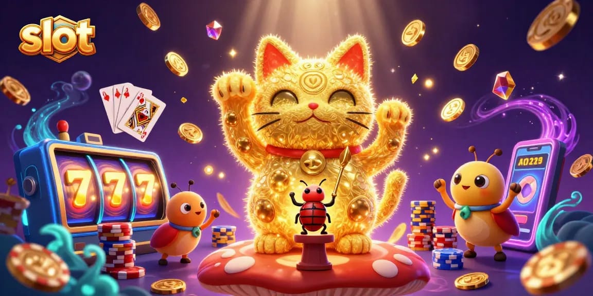 Permainan slot yang menarik dengan cat beruntung dan koin emas yang menerangi suasana.