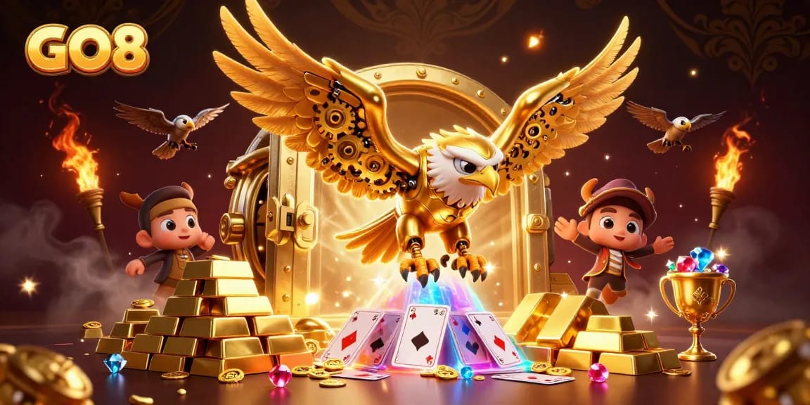 Engage in thrilling gameplay at GO8 with a vibrant scene of winning symbols and treasures.