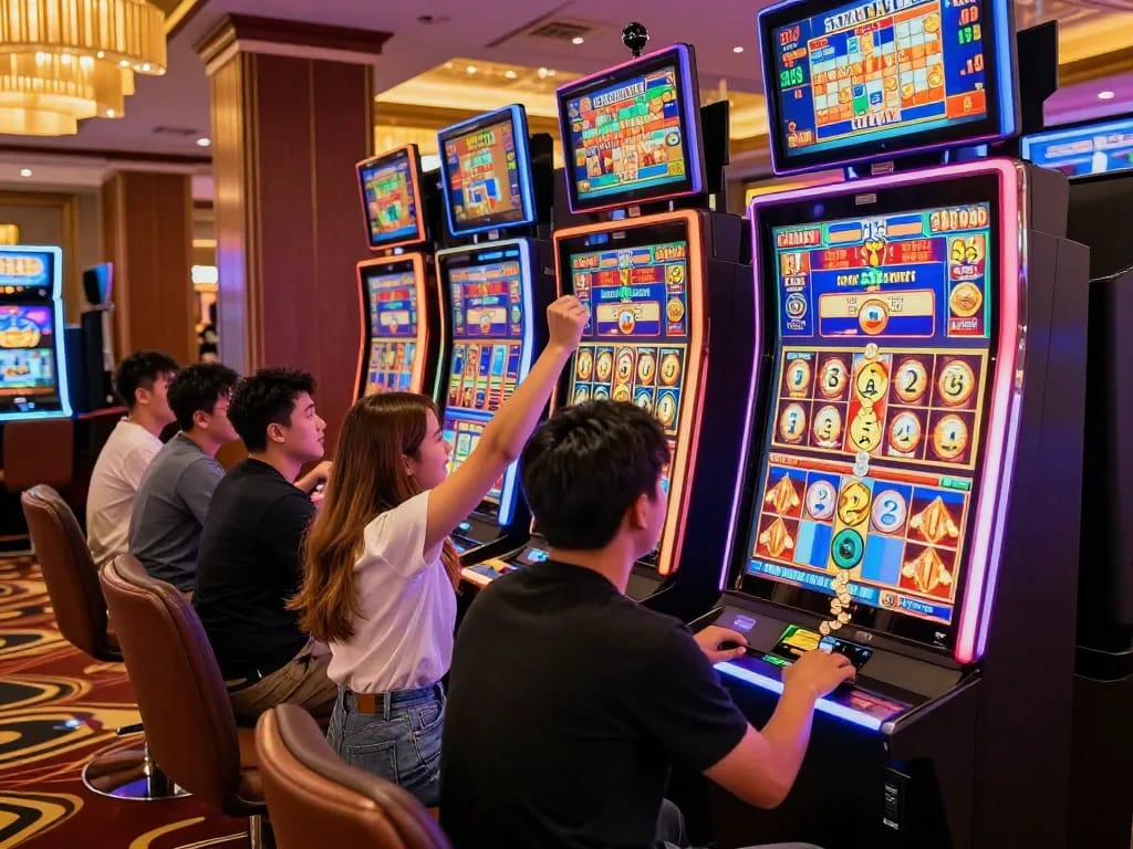 Players celebrating big wins at the Lucky88 slot machine in a lively casino environment