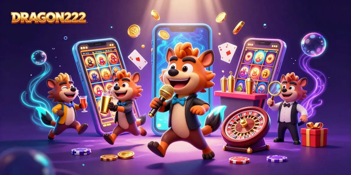 Spin and win with DRAGON222 in this vibrant casino scene featuring dynamic hyena characters.