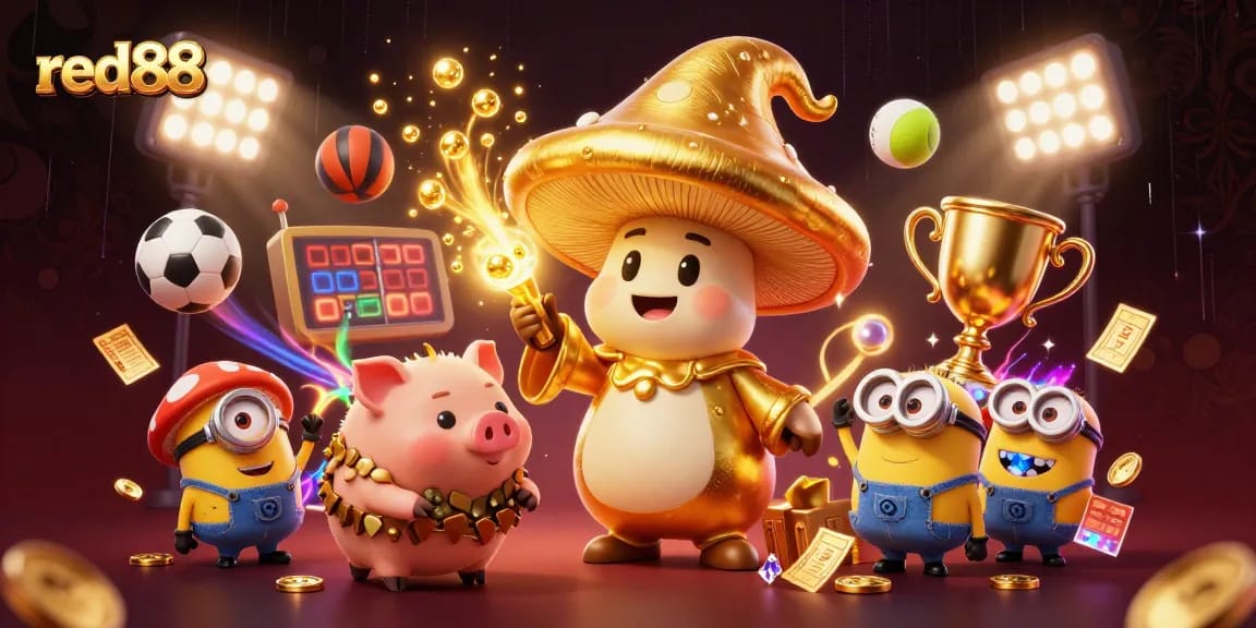 Engage with winning strategies at red88 as the golden mushroom wizard casts spellbinding magic in this vibrant casino scene.