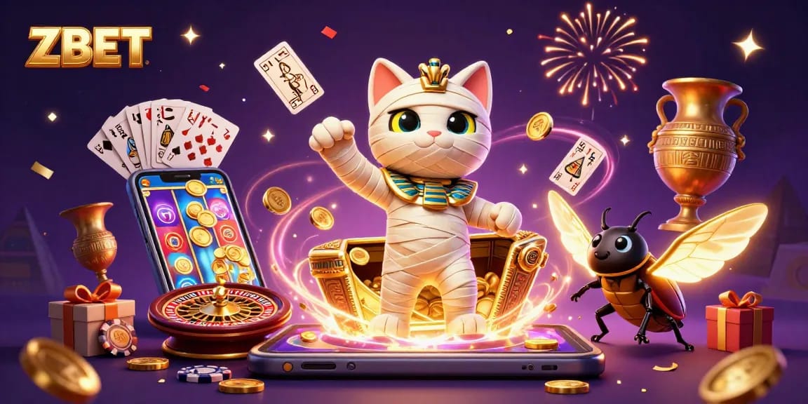 Experience thrilling wins with ZBET in a vibrant casino scene featuring ancient Egyptian characters.