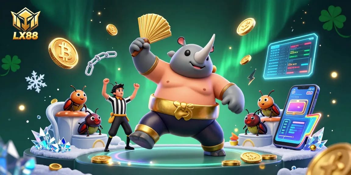 Experience betting excitement with LX88, featuring a vibrant sumo beetle stomp showering gold coins.