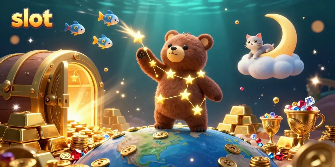 Spin the slot reels with a constellation bear and treasures in vibrant 3D illustration.