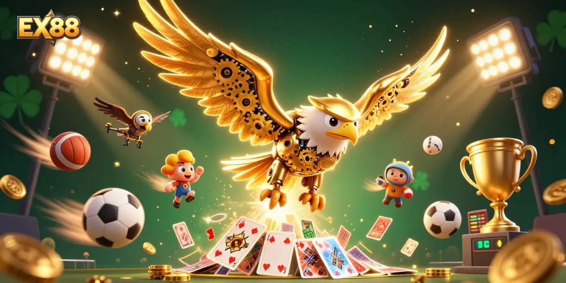 Experience the thrill of EX88 with a cybernetic eagle, showcasing dynamic sports betting energy and casino excitement.