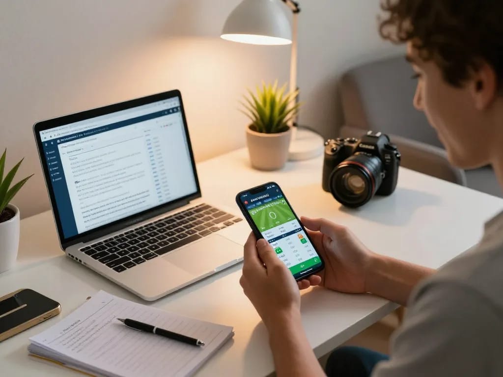 Person engages with 7m-7m sports betting app while reviewing strategies, capturing the essence of live wagering.