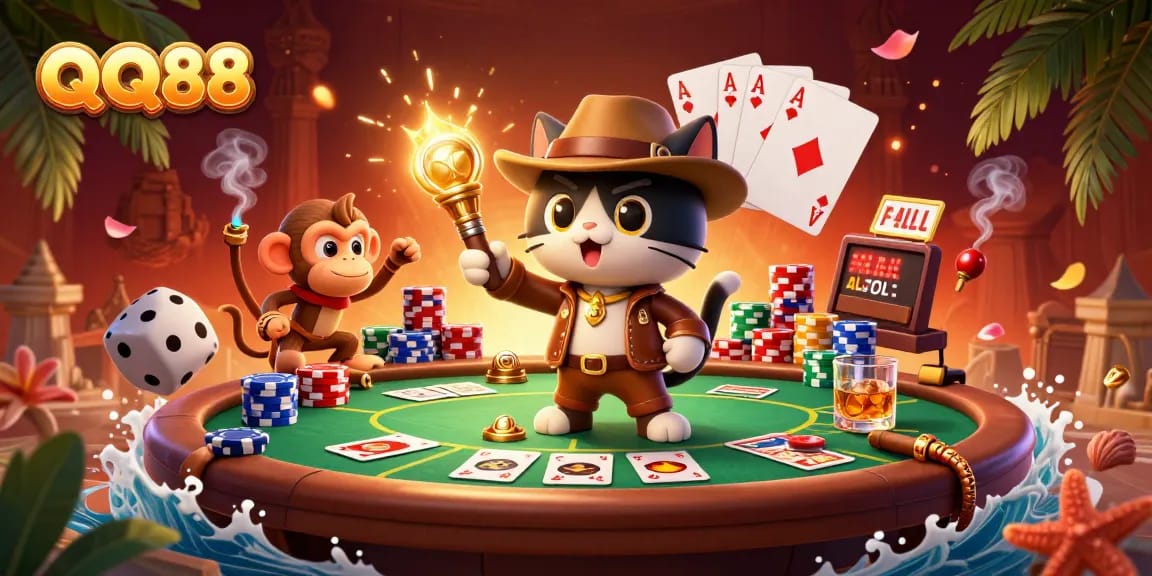 Experience the excitement of QQ88 with 3D characters discovering golden casino artifacts.