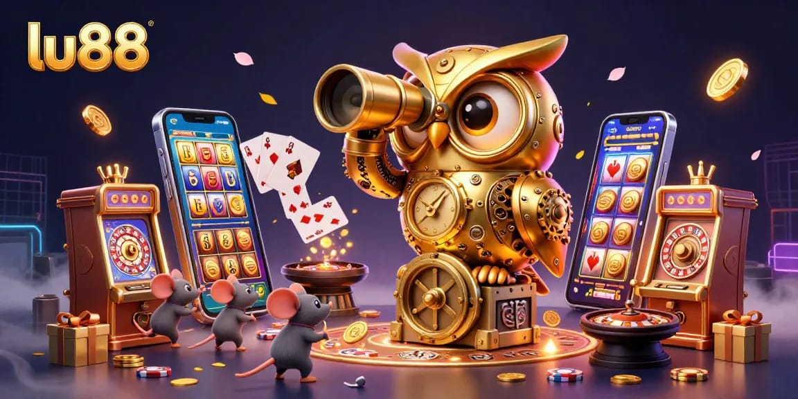 Engage with lu88's thrilling games featuring a golden owl and charming mouse in a vibrant casino atmosphere.