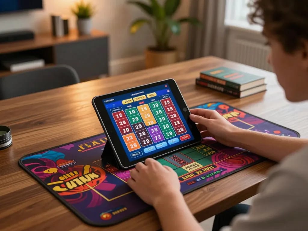 Engaging in đánh đề online with a tablet, exploring betting options in a stylish home setting