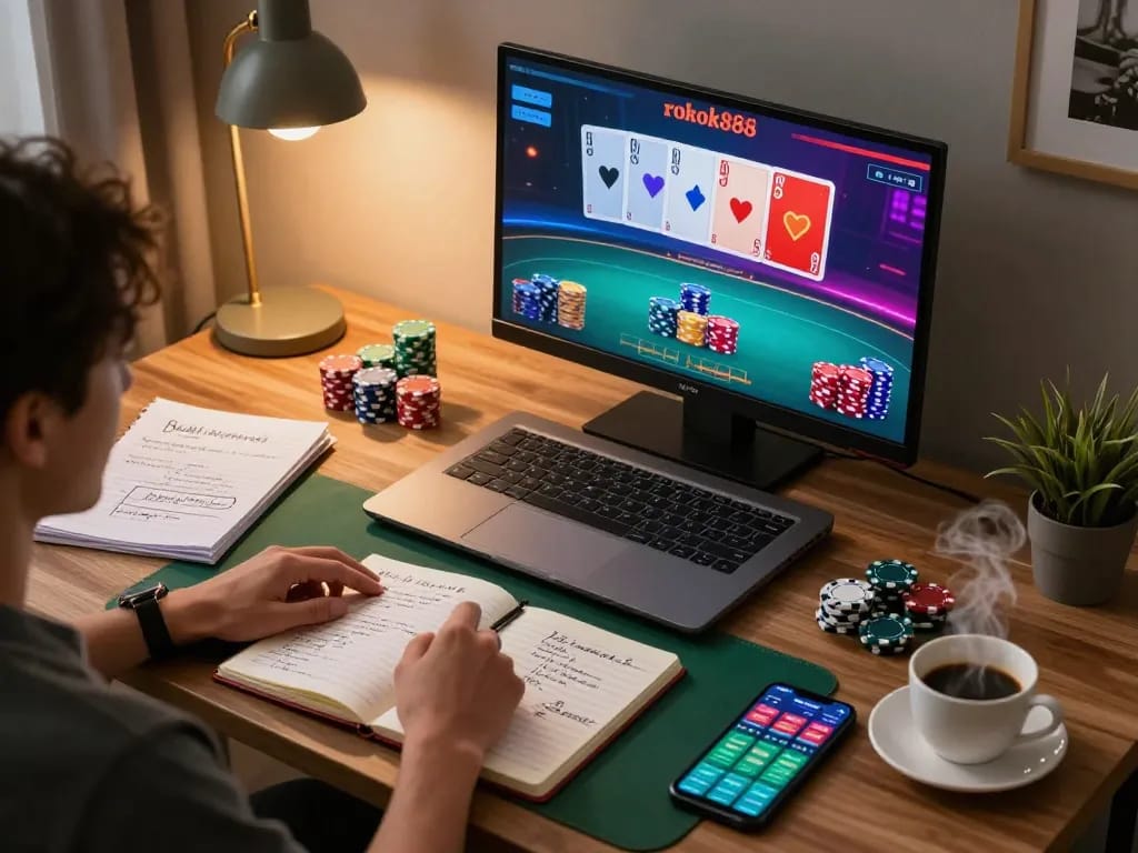 Player strategizing online gameplay at rokok88 with poker interface and notes on responsible betting.