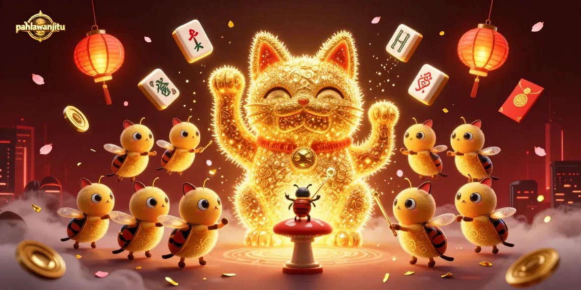 Pahlawanjitu showcases a dynamic casino scene with lucky cat and vibrant elements like fireworks and lanterns.