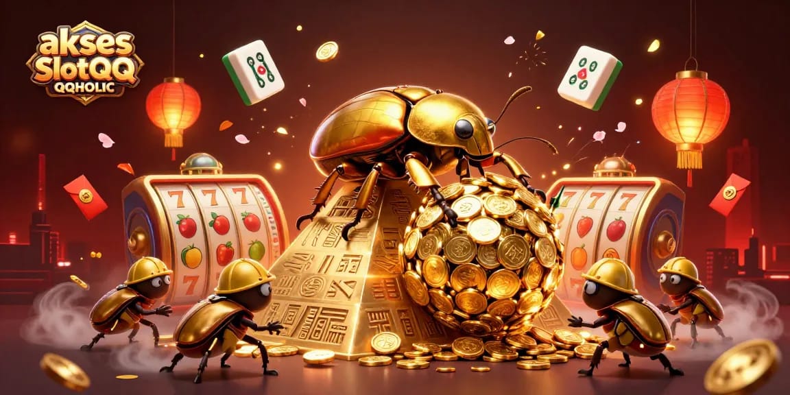 Engage with the action in akses SlotQQ QQHOLIC, featuring vibrant 3D characters and casino game elements.