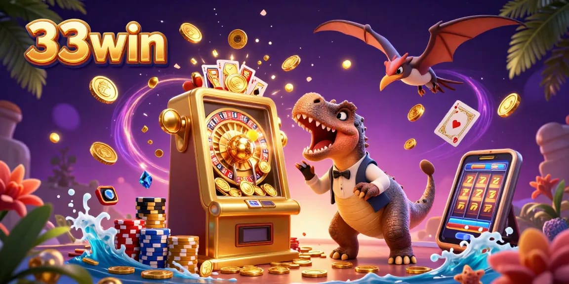 33win players enjoying a jackpot win with a vibrant casino scene filled with cascading coins and dynamic characters.