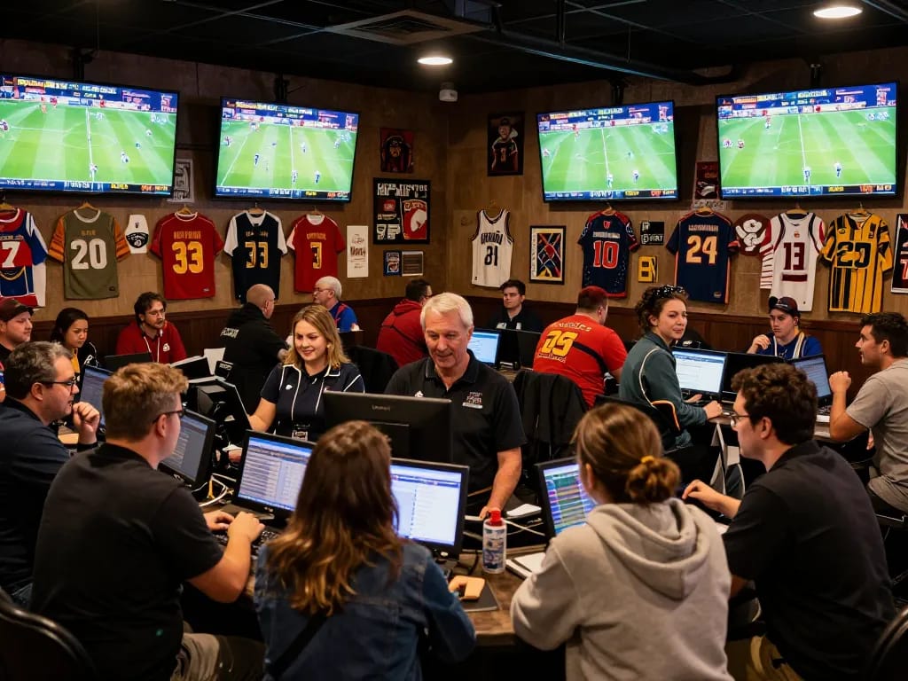 Engaged bettors analyzing odds at 11win sports betting venue, surrounded by screens and team memorabilia.