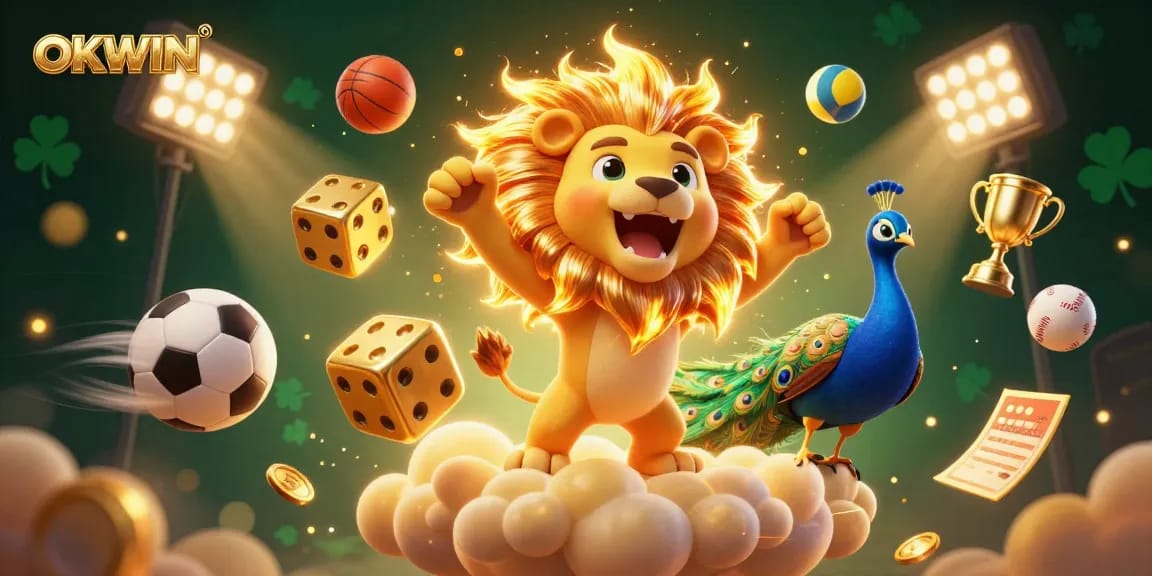 Engage with OKWIN's thrilling gaming, featuring a dynamic 3D lion, golden dice, and vibrant sports elements.
