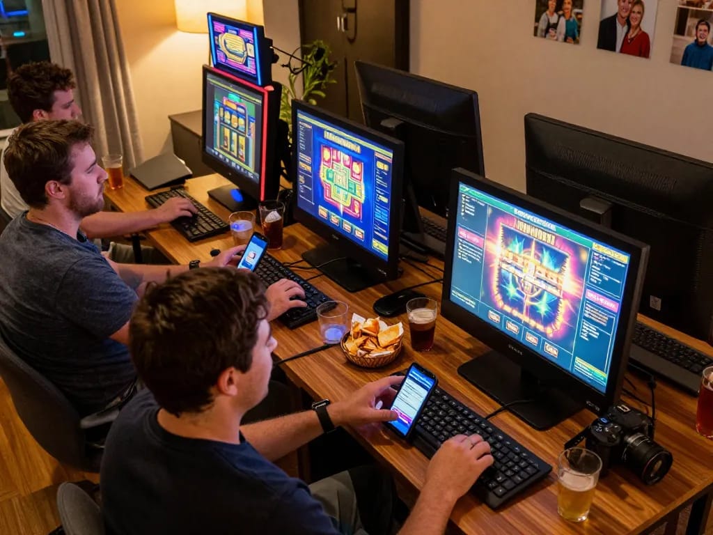 LIGA2000 player enjoying online slots in cozy living room, engaging with vibrant games.