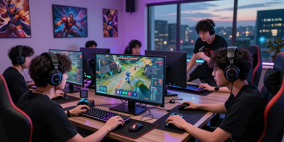 Di https://truewealthbooks.com/ para pemain terlibat dalam permainan NAGA2000, dikelilingi peralatan gaming di ruangan penuh semangat.