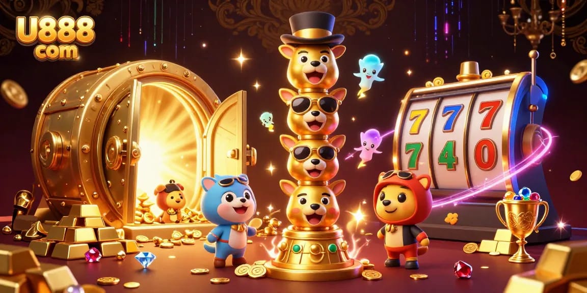 Win big at U888 com with a vibrant casino atmosphere featuring totem poles and treasures.