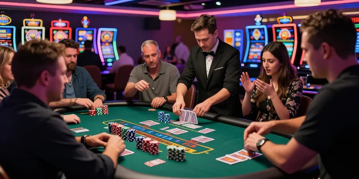Giocatori entusiasti al tavolo da blackjack in un casinò non AAMS, illuminato da luci al neon.