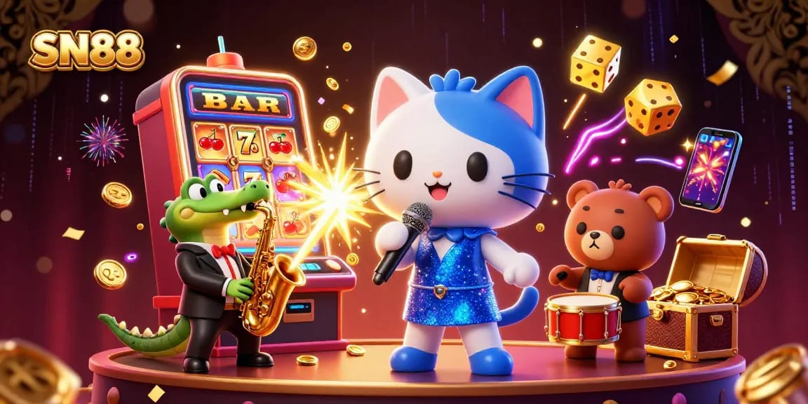 Experience exciting wins at SN88 with a vibrant casino scene featuring dynamic slot action and engaging characters.