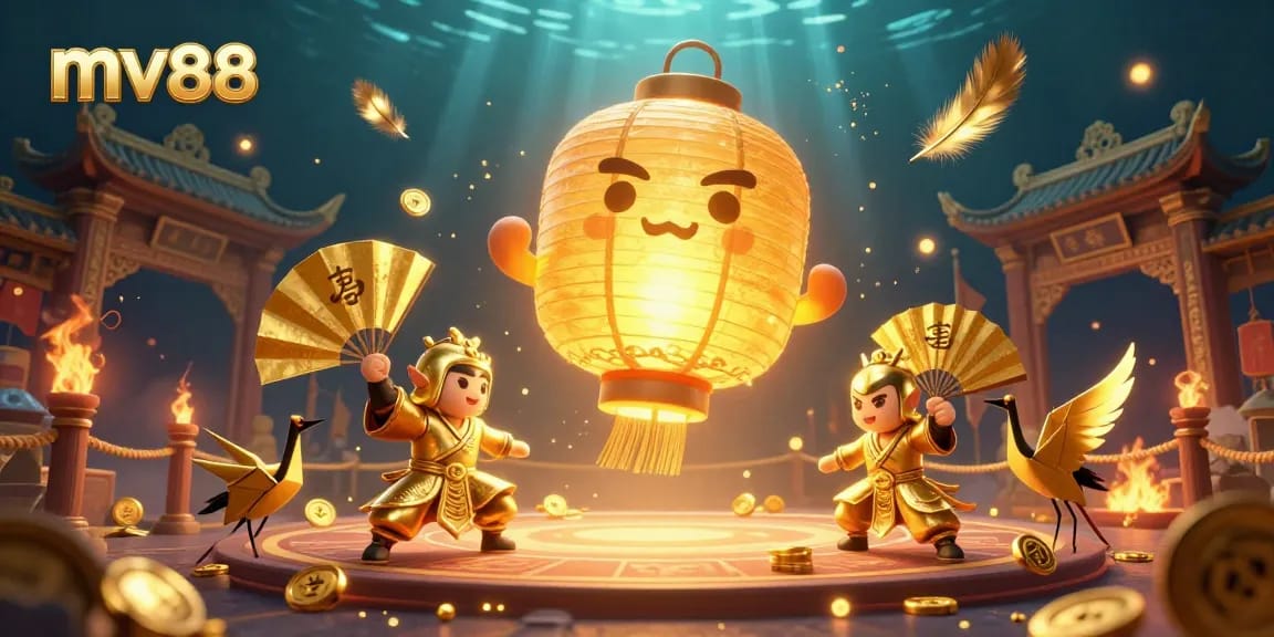 Experience thrilling gameplay at mv88's dynamic casino with a golden lantern spirit and vibrant warriors.