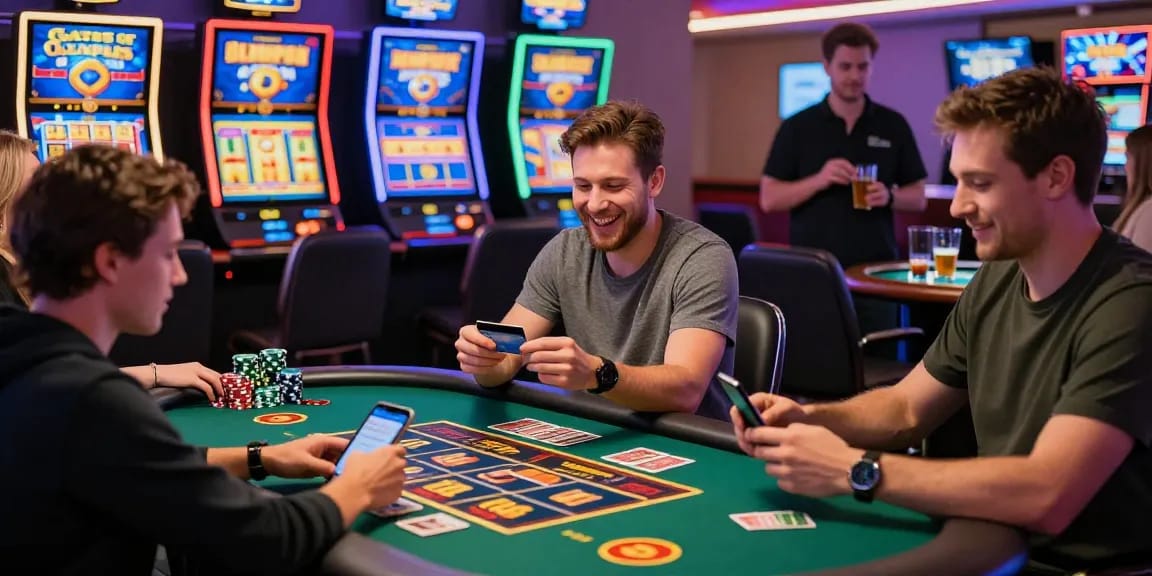 Engaging scene at https://ccrm.org.uk featuring players enjoying credit card casinos with colorful slot machines and a lively atmosphere.