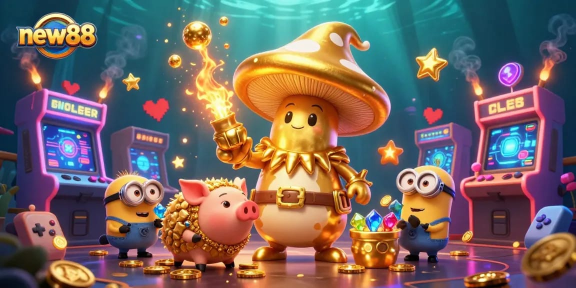 Experience the excitement of new88 with golden magic and treasure in this vibrant casino illustration.