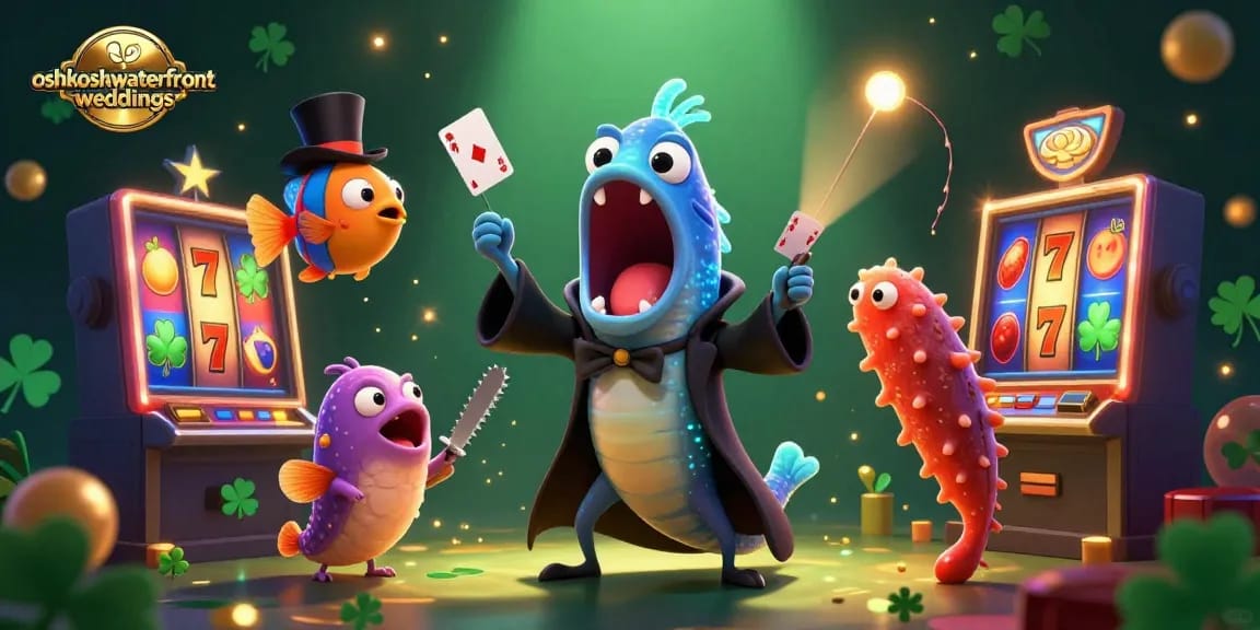 Experience the excitement of oshkoshwaterfrontweddings with a unique 3D casino scene featuring vibrant slot machines.