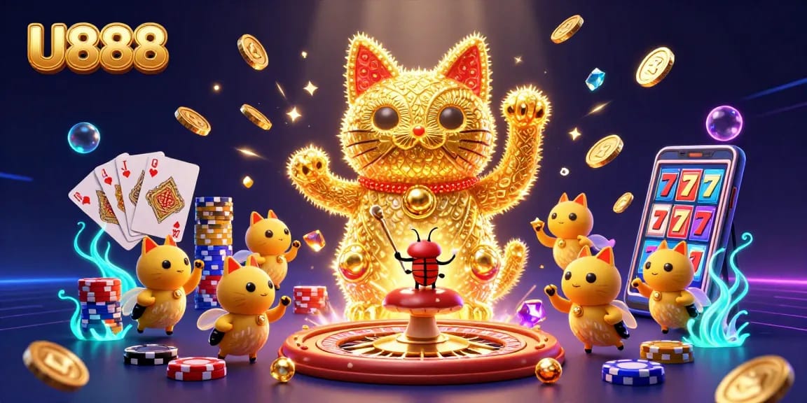 Experience the thrilling world of U888 with a vibrant lucky cat illustration in a rich casino setting.