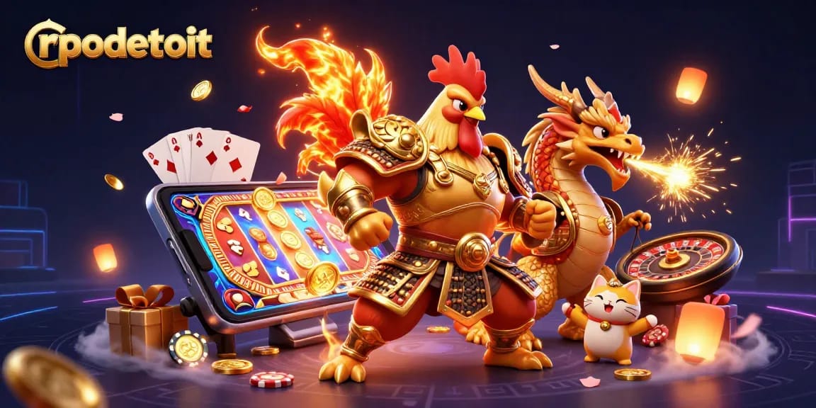 Spin and win at rpodetroit with an action-packed casino scene featuring a fighting rooster and dragon.