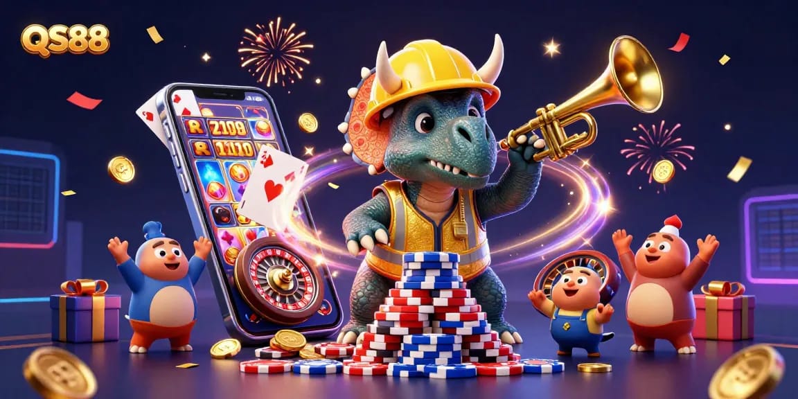Experience QS88's thrilling gaming excitement with vibrant casino elements in a celebratory atmosphere.