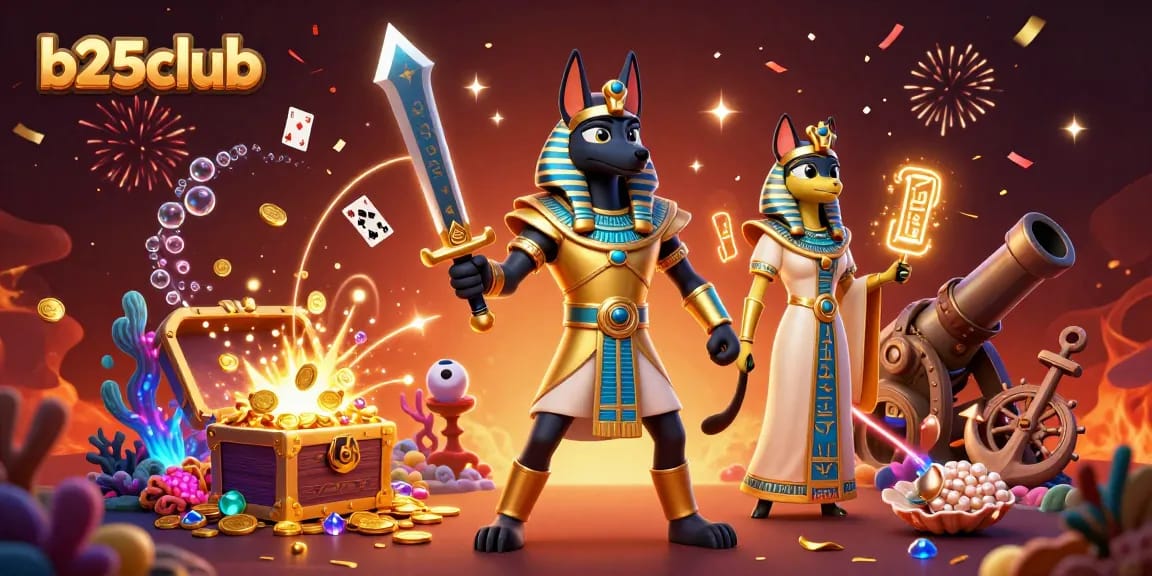 Win big with b25club in a vibrant casino-themed 3D illustration featuring Anubis and Bastet.
