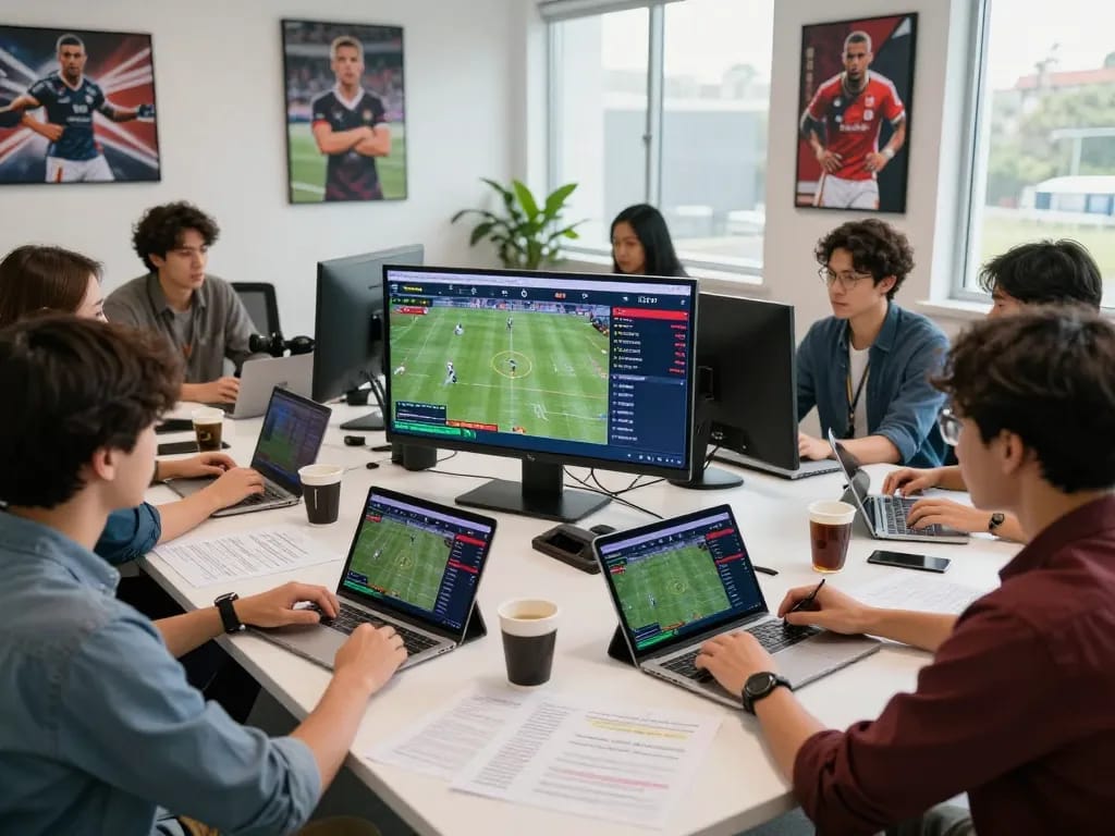 Team analyzing live sports data at Keonhacai8.tv in modern office.