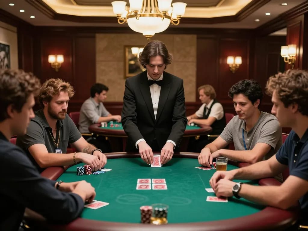 Players enjoying a strategic game at 79win poker table, showcasing a dynamic casino atmosphere