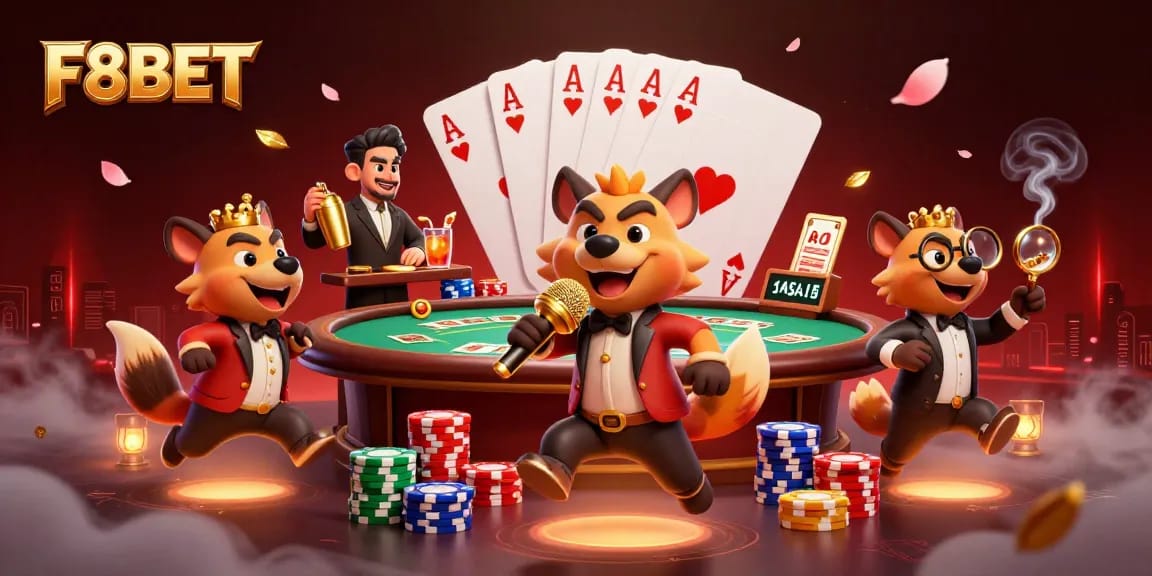 F8BET showcases vibrant casino moments, featuring hyenas entertaining in a lively gaming atmosphere.