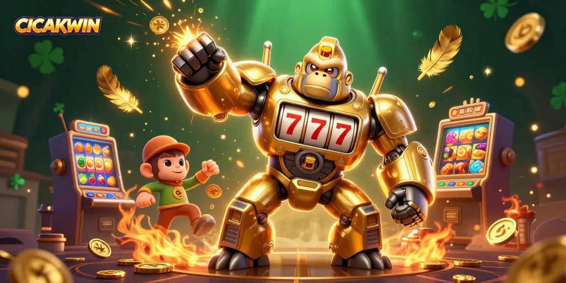 CICAKWIN showcases a dynamic illustration of a golden gorilla mech with slot features, embodying winning energy.