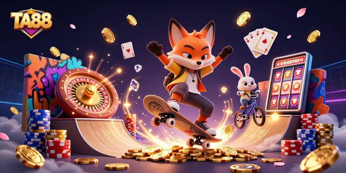 TA88 showcases an exciting scene with a skateboarder fox and BMX rabbit amidst casino symbols.