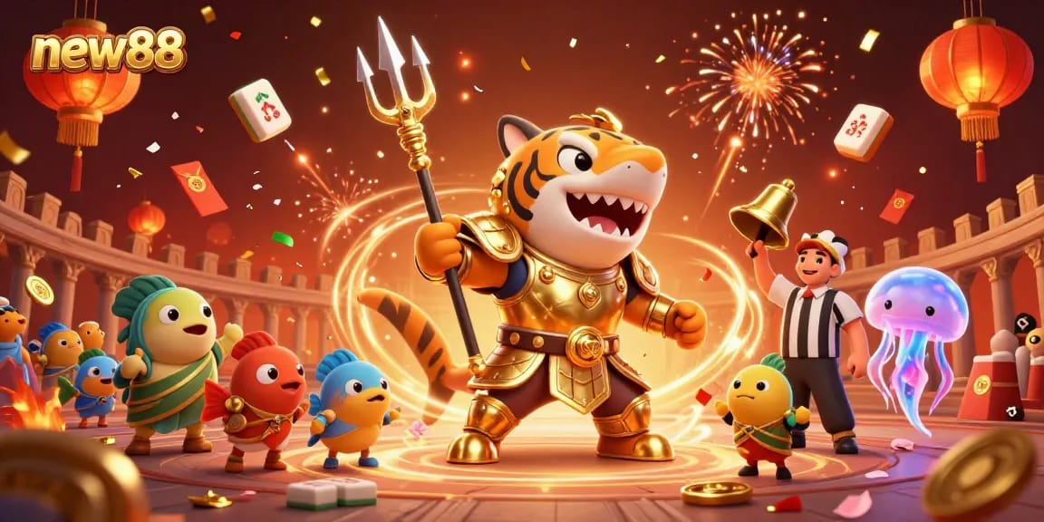 Experience the thrill of gaming with new88 in a vibrant underwater colosseum scene featuring a powerful tiger shark.