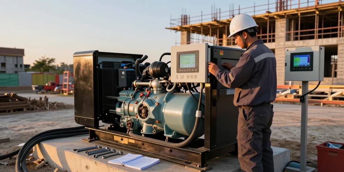 Technician inspecting diesel genset at construction site during golden hour