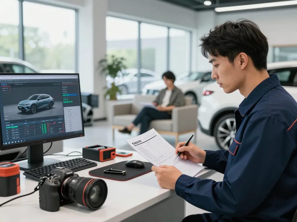 Turo inspection taking place in a modern automotive service center with a technician inspecting a car.